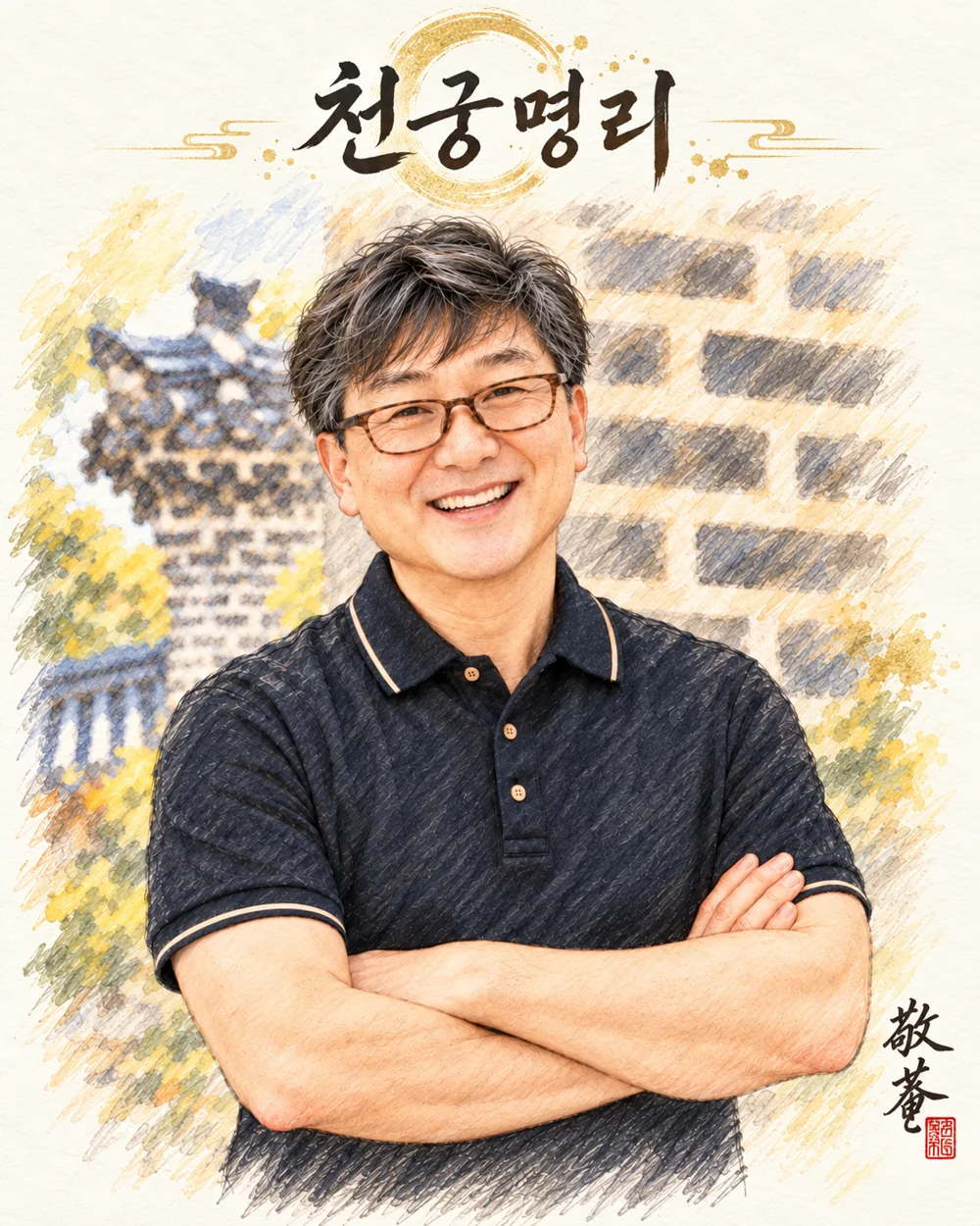 천궁명리 글씨 아래 팔짱을 끼고 환하게 웃는 경암 이상빈 초상